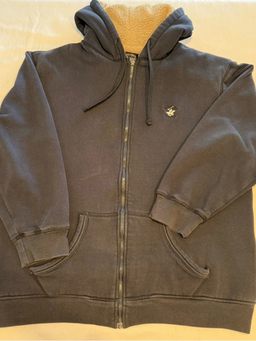 Beverly Hills Polo Zip Hoodie Black Thermal Look Fleece Lined Kangaroo Pocket LG